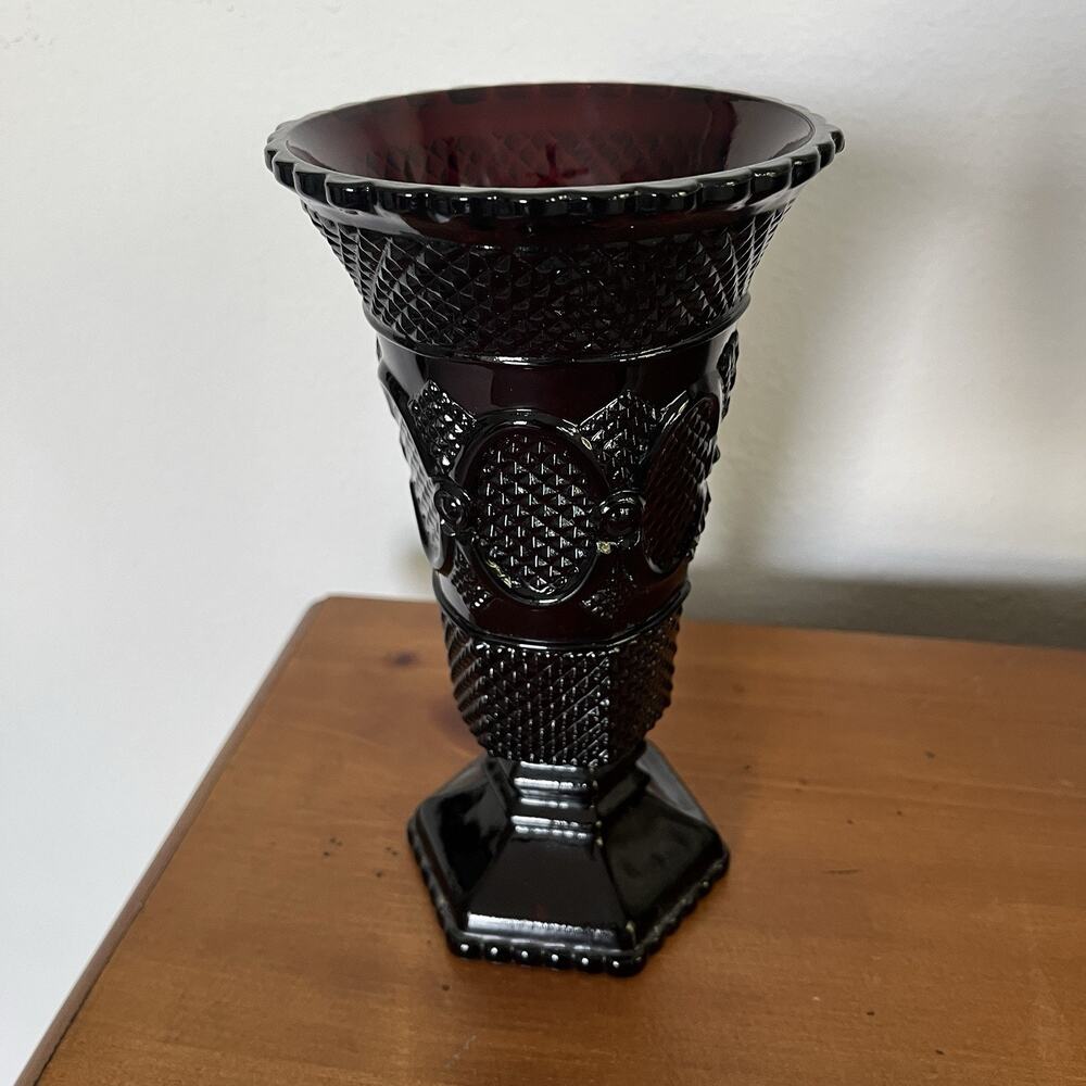 Avon ruby red Pedestal vase Cape Cod vintage glass, floral arrangements, decor